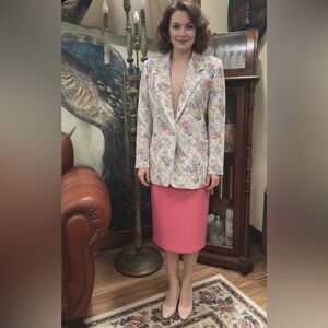 Katie Brooke Floral Blazer and Skirt Set Size 12 Beige Pink